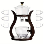 Premium semi-automatic glass gongfu tea set by TEMU with a teapot and six cups, elegant transparent glass design for brewing tea.