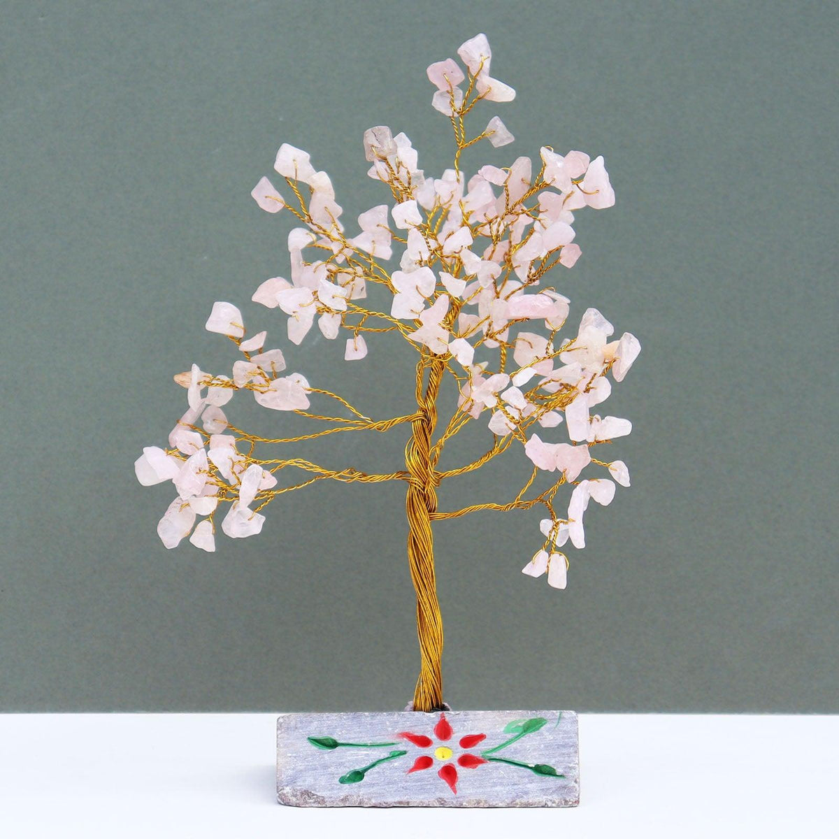 Handmade Rose Quartz Love & Harmony Tree with 160 natural stones, crystal décor, 15.5cm tall, by AW GIFTS.