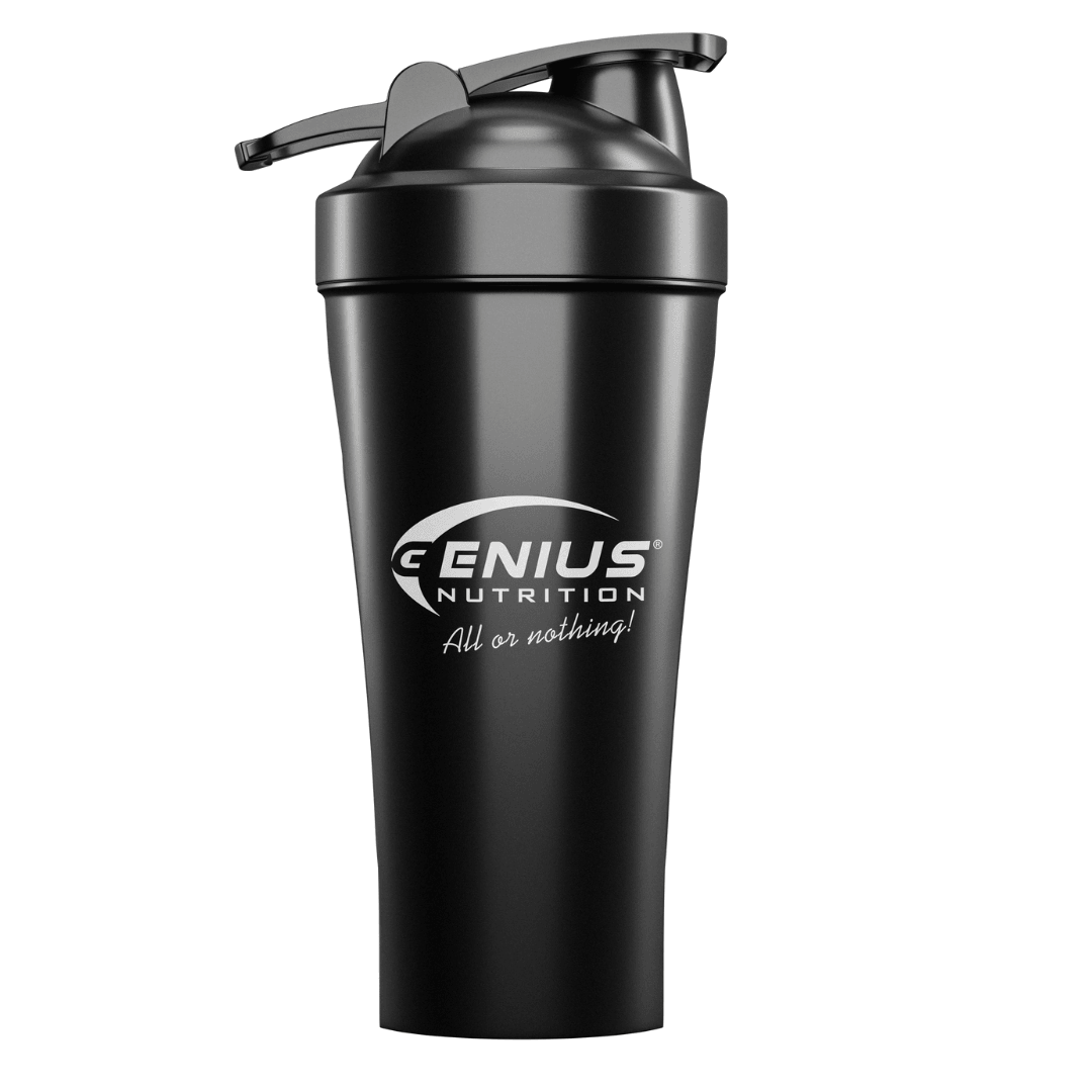 Genius Nutrition 600ml shaker bottle, accessory for mixing protein and supplements, with a secure lid and durable design.