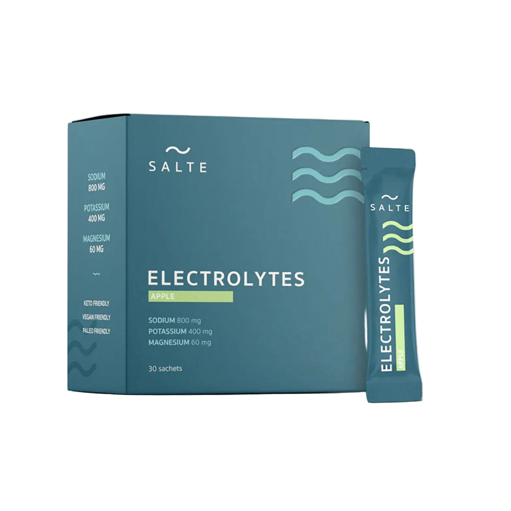 Herbalistas Salte Performance Electrolytes supplement in apple flavor, 30 sachets, showing the box and sachets on a white background.