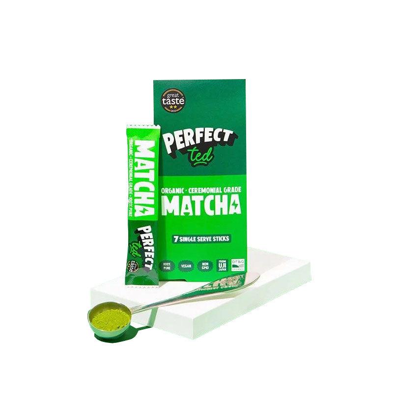 Herbalistas PerfectTed BIO ceremonial matcha powder in single serve sachets, vibrant green tea powder for traditional matcha preparation.