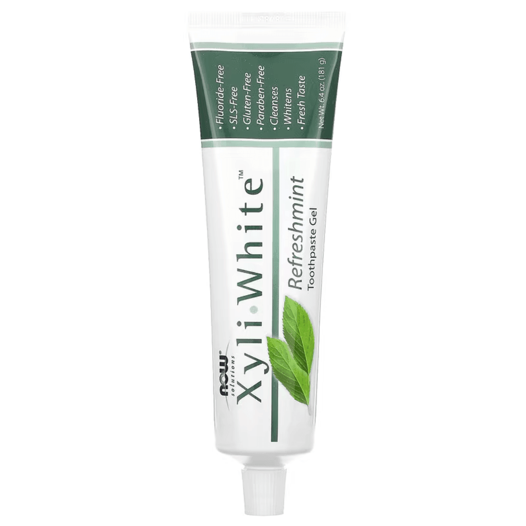 MKSTAVRINOS XyliWhite Refreshmint toothpaste gel in 6.4 oz tube, featuring a mint flavor and dental cleansing ingredients.