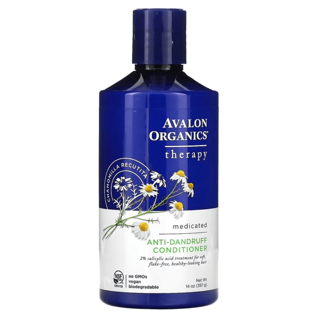 Herbalistas Avalon Organics anti-dandruff conditioner with chamomile, 14 oz, showing the bottle with label and cap.