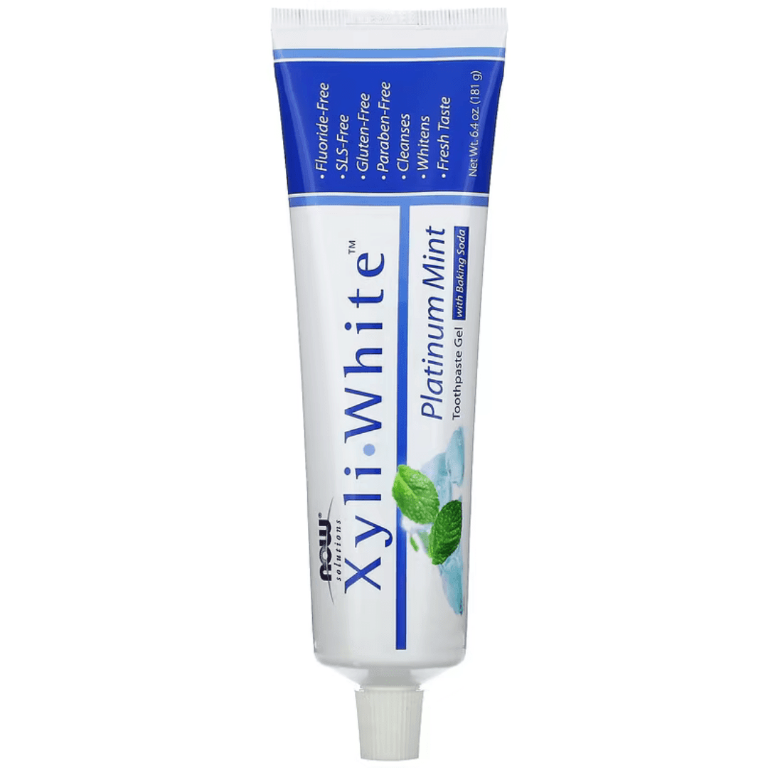 MKSTAVRINOS XyliWhite Platinum Mint toothpaste gel in 6.4 oz tube, featuring fresh mint flavor and whitening formula.