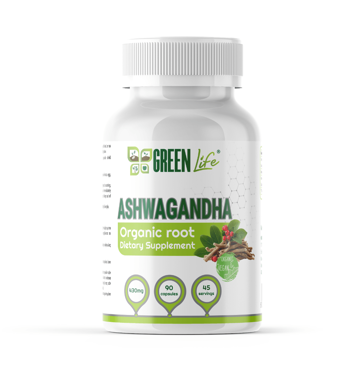 Green Life Cyprus Organic Ashwagandha supplement bottle with green label and capsule images, promoting stress support and focus.
