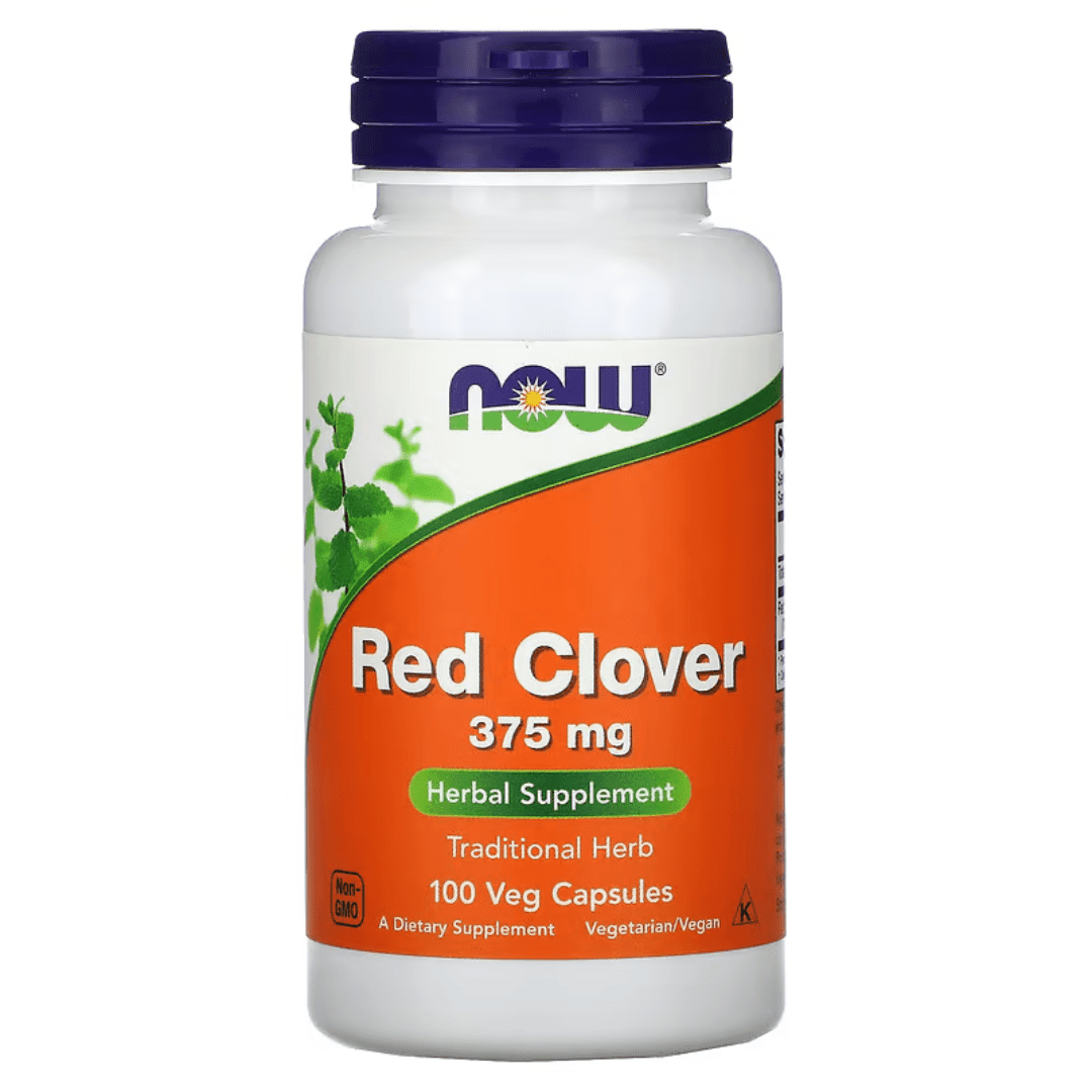NOW Foods Red Clover supplement, 375 mg, 100 vegetarian capsules, natural herbal supplement for health and wellness.