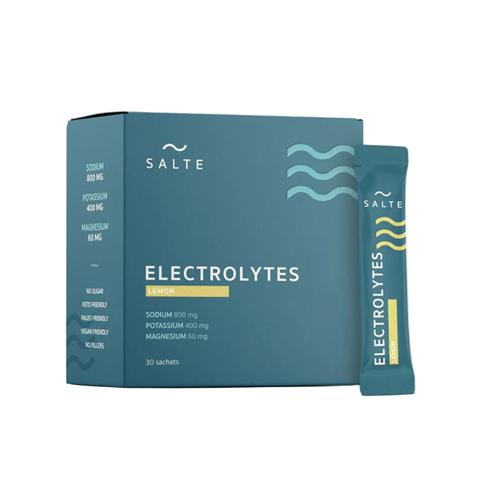 Herbalistas Salte Lemon Flavor Performance Electrolytes supplement with 30 sachets, featuring lemon-flavored electrolyte powder for hydration.