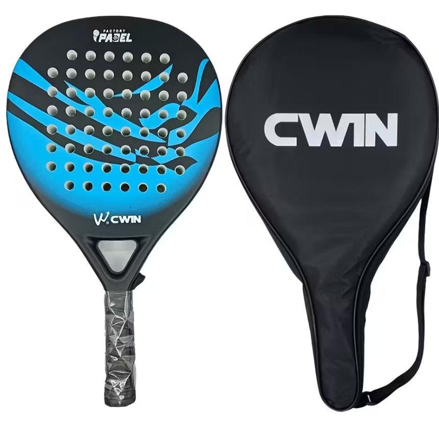 TEMU padel racket with carbon fiber face and soft EVA core, shown with paddle bag, ideal for tennis and pickleball play.