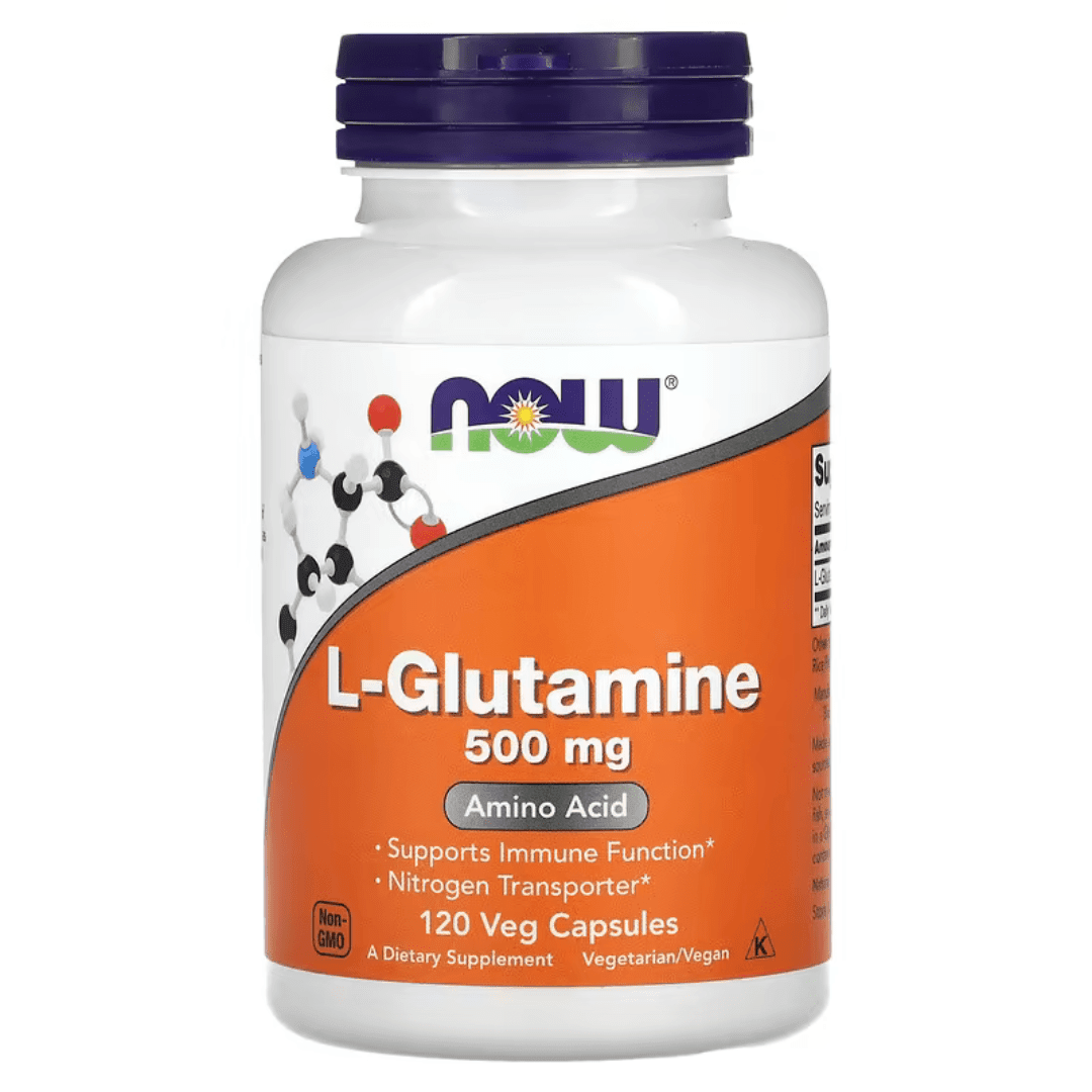 Old Products NOW Foods L-Glutamine supplement capsules, 500 mg, 120 vegetarian capsules in a clear container.