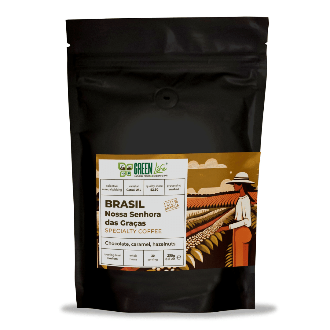 Green Life Specialty Coffee bag from La Tostoria featuring Brasil Nossa Senhora das Graças flavor, 250g package.