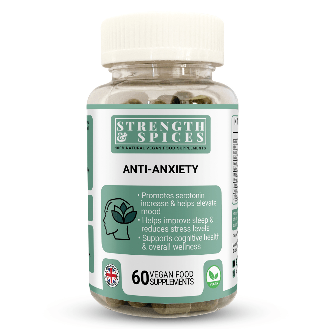 Supplements bottle labeled Anxiety & Sleep Support, 1000mg, 60 capsules by Strength & Spices, featuring natural spice ingredients.