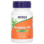 MKSTAVRINOS NOW Foods oregano oil supplement softgels, 90 count, in a white bottle with label and softgel capsules visible.