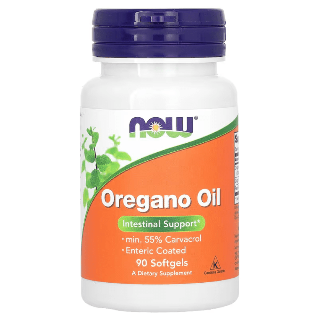 MKSTAVRINOS NOW Foods oregano oil supplement softgels, 90 count, in a white bottle with label and softgel capsules visible.
