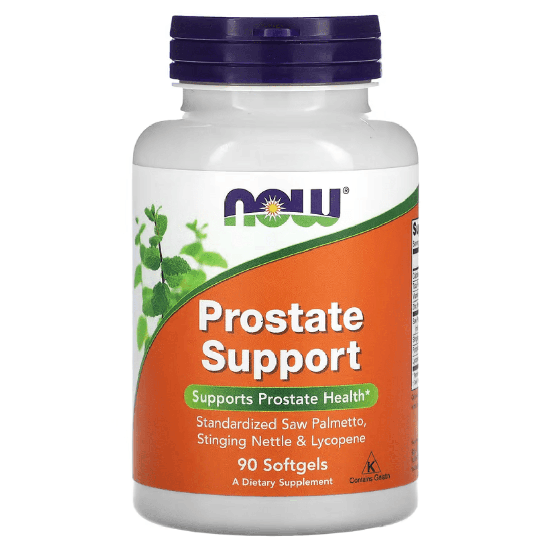 MKSTAVRINOS NOW Foods Prostate Support softgels in a bottle, showing 90 softgel capsules for prostate health supplementation.