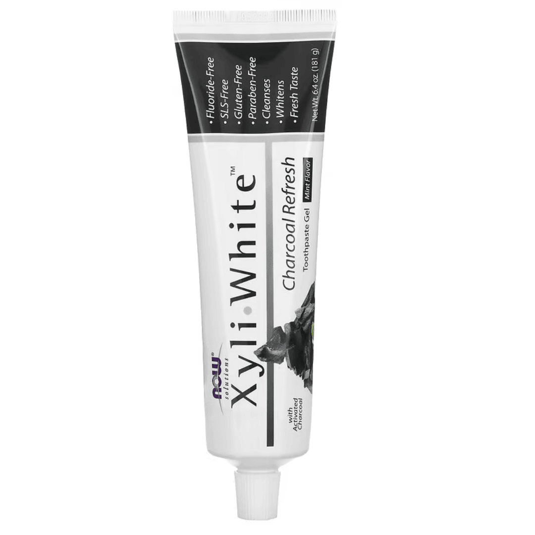 MKSTAVRINOS XyliWhite Charcoal Refresh Toothpaste Gel with mint flavor in 6.4 oz tube, featuring black and white packaging.