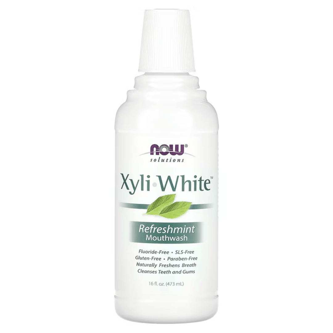 MKSTAVRINOS XyliWhite Mouthwash, Fluoride-Free Refreshmint in a 16 fl oz bottle, showing the clear liquid and label.