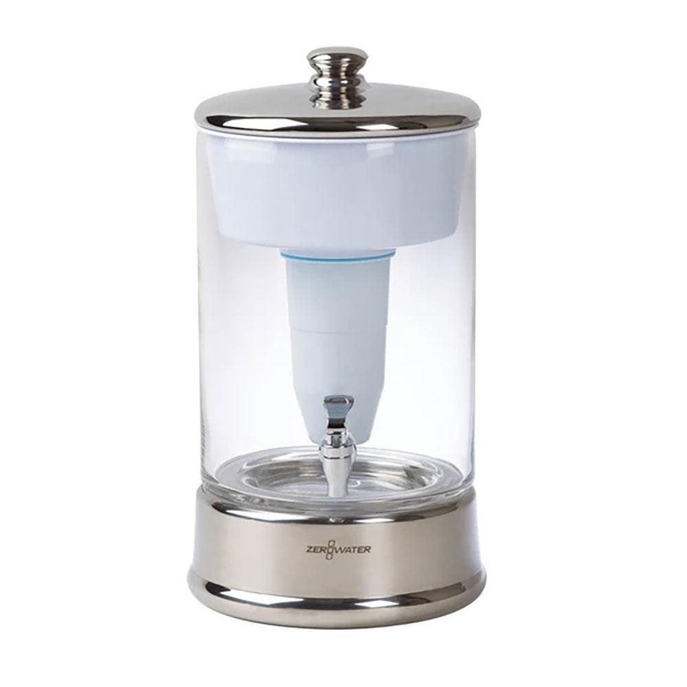 Herbalistas ZeroWater 9-liter glass water filter dispenser with a clear glass body and a white lid, designed for clean drinking water.