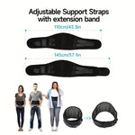 TEMU cordless heated massage belt with lumbar support, USB rechargeable back massager showing heat and vibration modes.