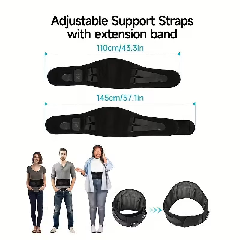 TEMU cordless heated massage belt with lumbar support, USB rechargeable back massager showing heat and vibration modes.