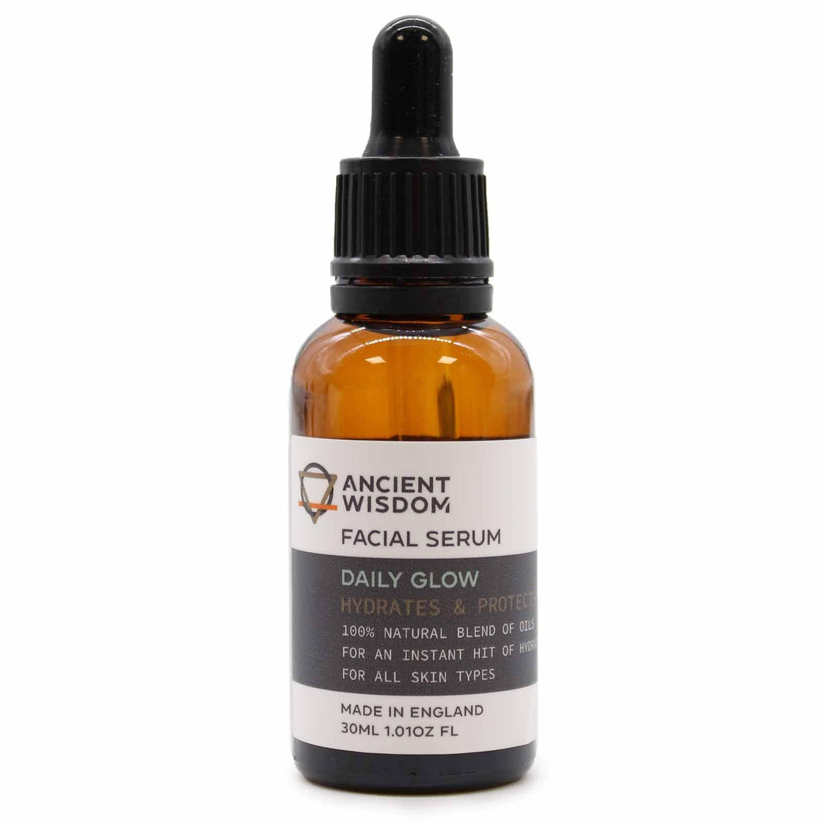 AW GIFTS Daily Glow Facial Serum in 30ml bottle, featuring clear liquid and sleek packaging, part of skincare routine.