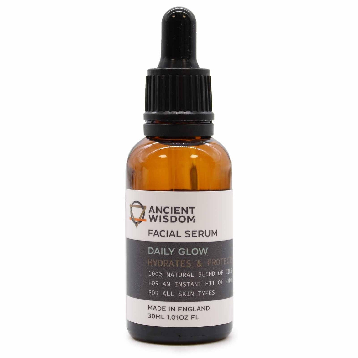AW GIFTS Daily Glow Facial Serum in 30ml bottle, featuring clear liquid and sleek packaging, part of skincare routine.