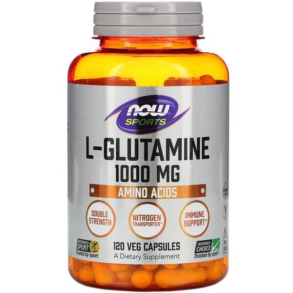 MKSTAVRINOS NOW Foods L-Glutamine supplement capsules, 1,000 mg, 120 vegetarian capsules in a bottle.