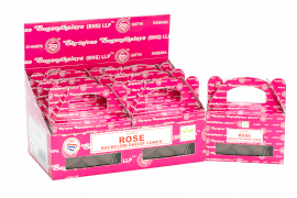 Box of 24 Satya Rose Backflow Dhoop Cones from AW Gifts, fragrant incense cones for aromatherapy and meditation.