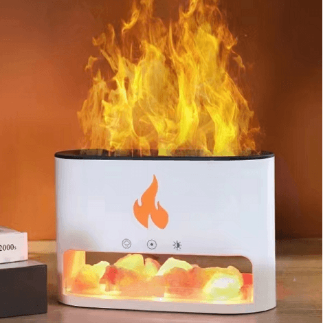 AW Gifts Blaze Aroma Diffuser with Himalayan salt chamber, USB-C connection, flame effect, and included salt for aromatherapy.