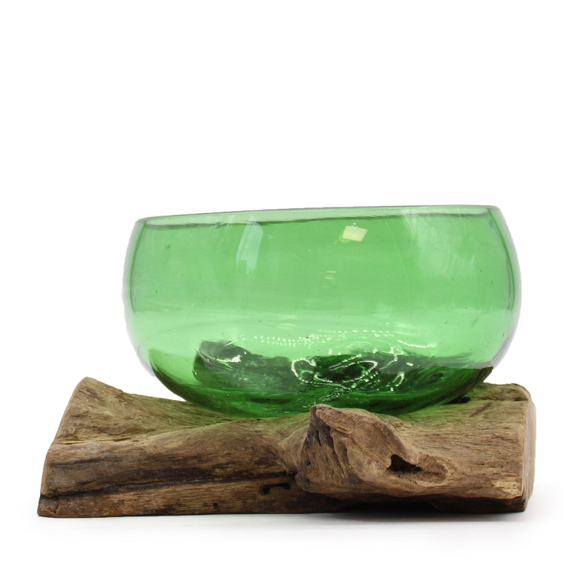 Recycled beer bottles wide bowl on wooden base, eco-friendly home decor piece by AW GIFTS, showcasing a stylish sustainable design.