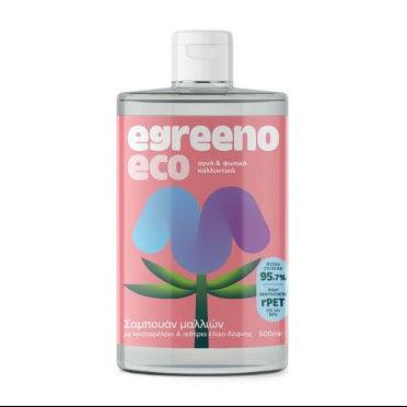 Egreeno Eco Castor Oil and Laurel Essential Oil Shampoo in a 500ml bottle, natural hair care product with herbal ingredients.