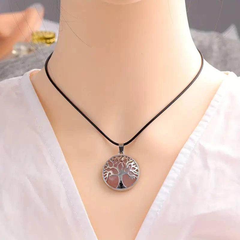 Natural stone pendant with Tree of Life design on a chakra necklace, featuring energy stones for women and men.