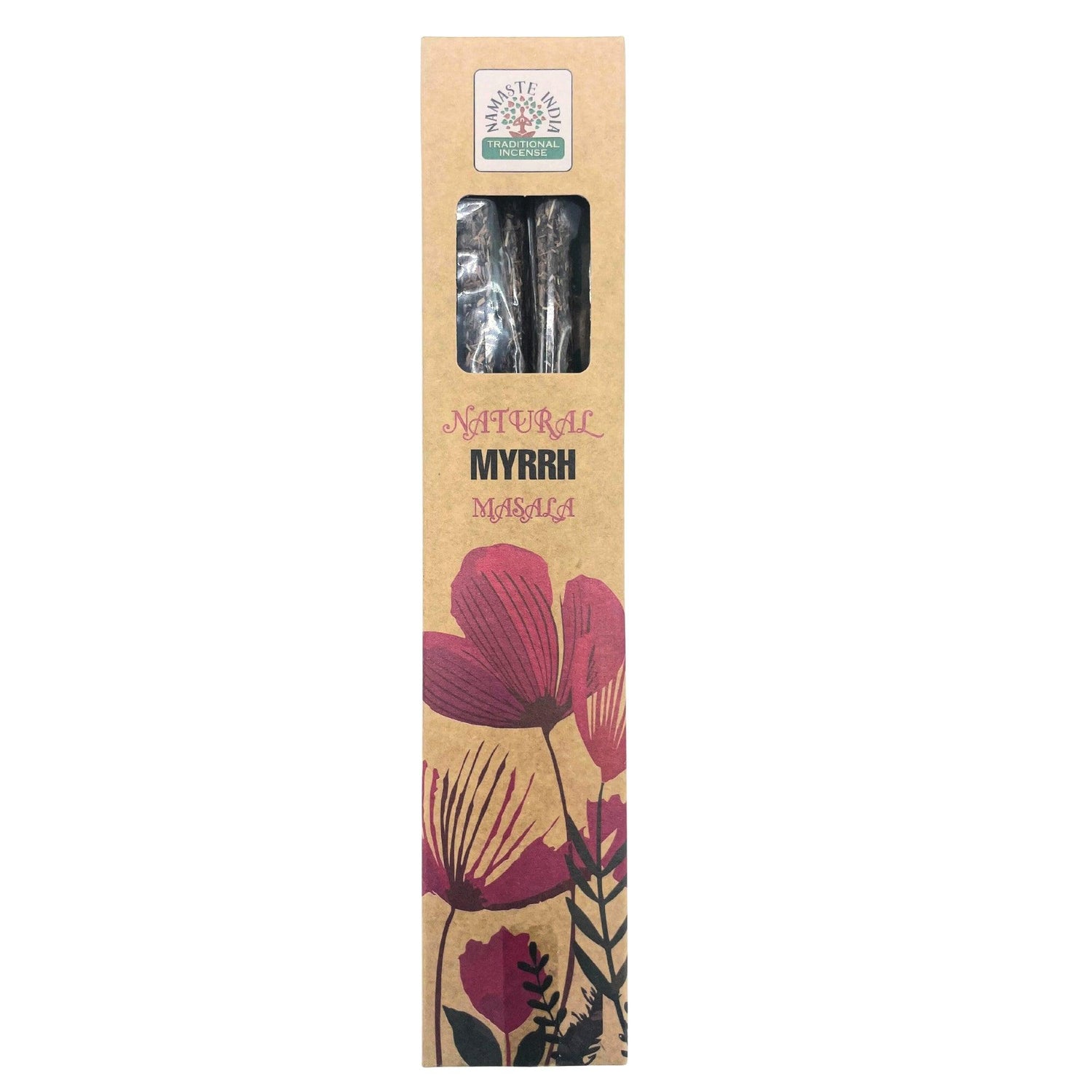 Natural botanical masala incense sticks with myrrh scent from AW Gifts, displayed with packaging and aromatic herbs.