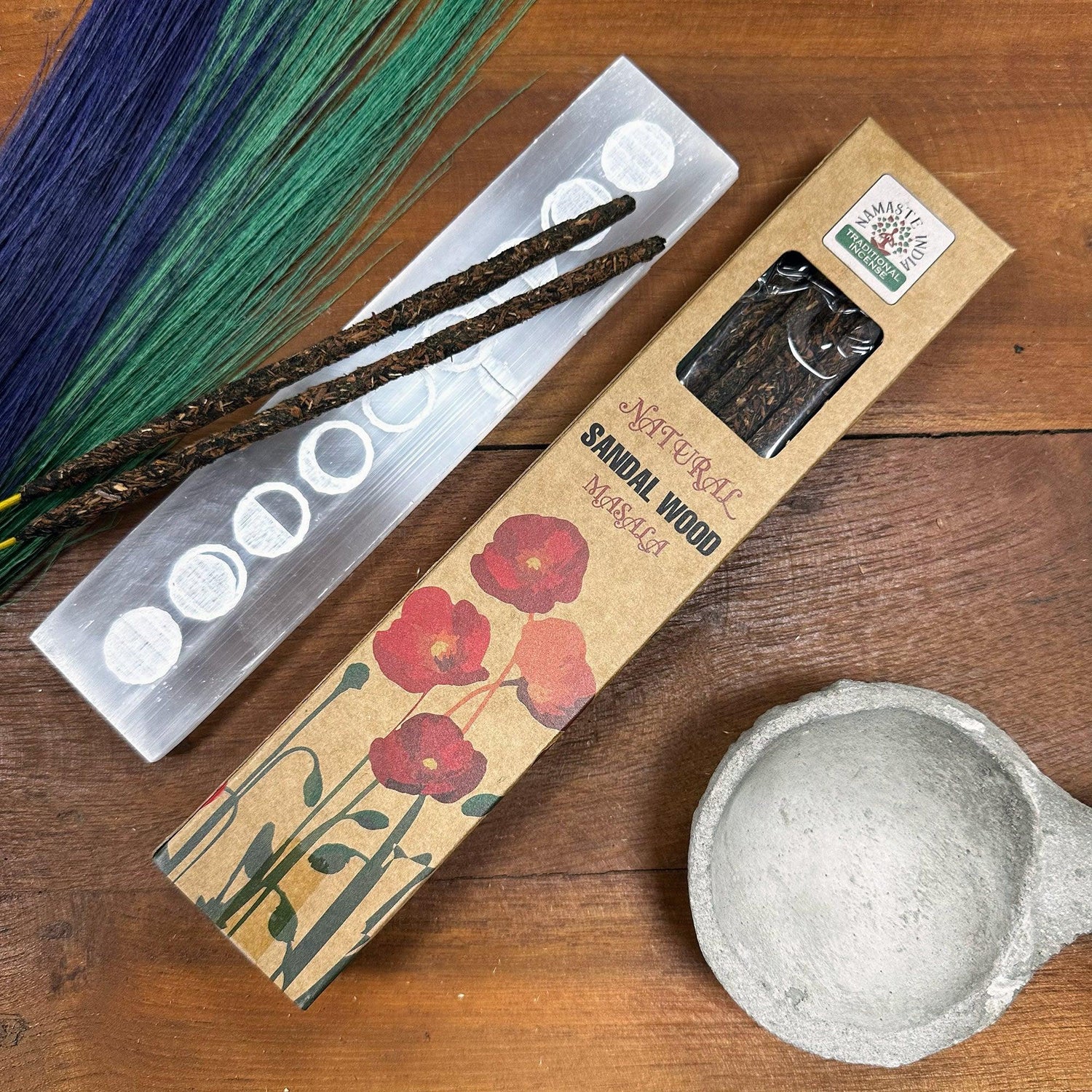 Natural botanical sandalwood incense accessory by AW GIFTS, showcasing fragrant incense sticks and packaging.