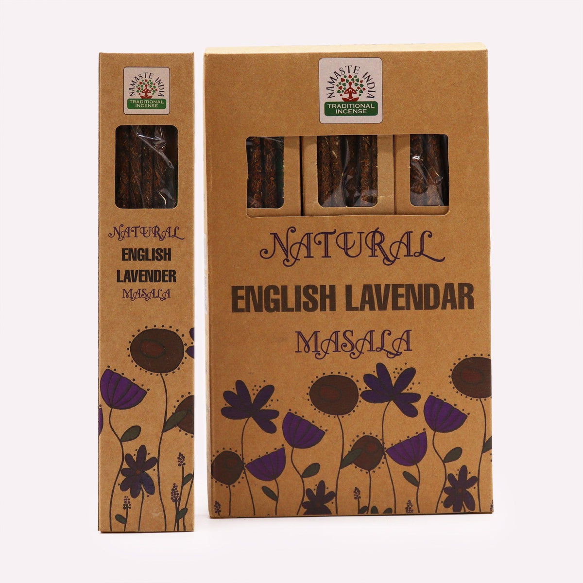 AW Gifts Natural Botanical Masala Incense in English Lavender scent, showcasing the fragrant incense sticks and packaging.