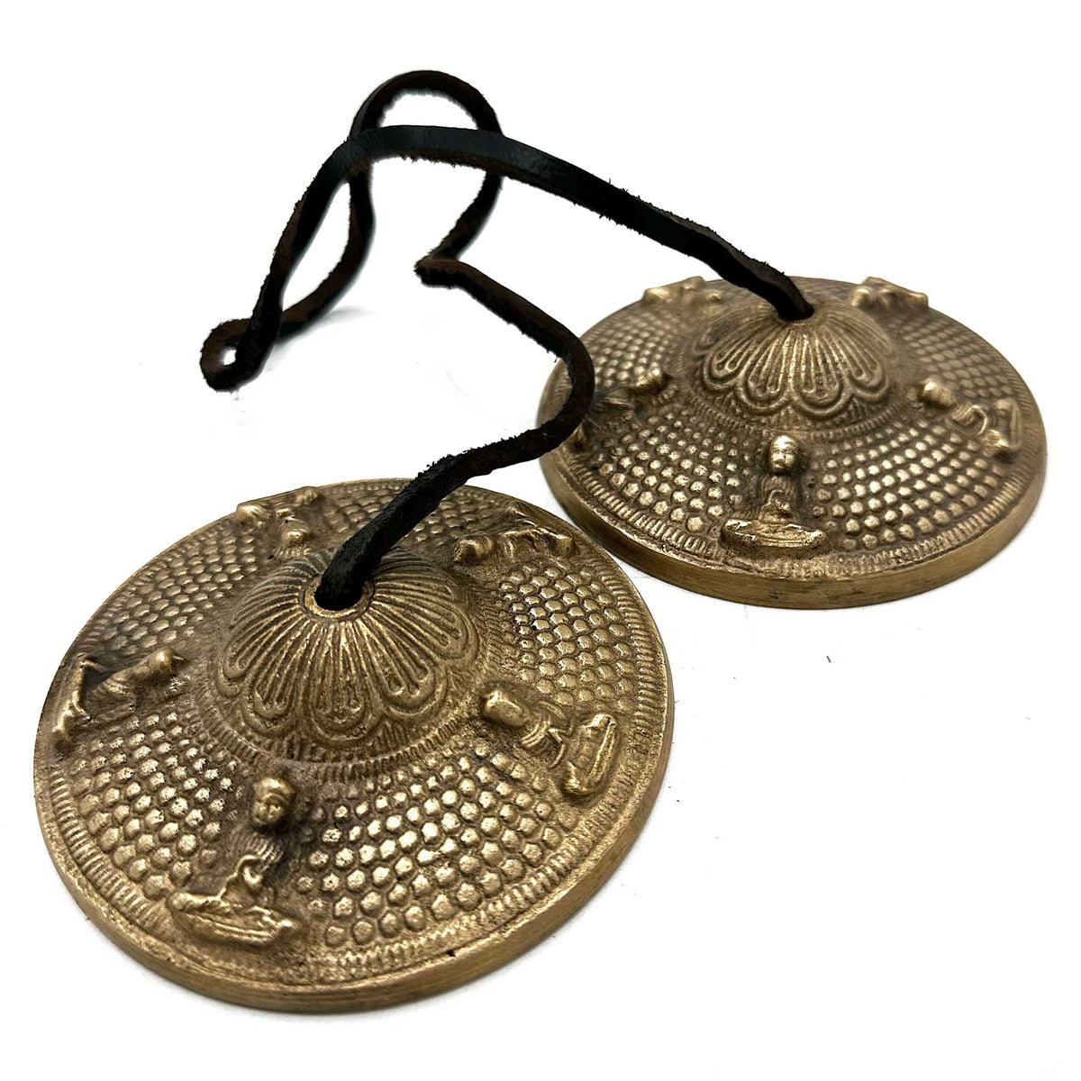 Tibetan Tingsha bell with Five Buddha design, approx 9.5cm, silver-colored ceremonial accessory from AW Gifts.