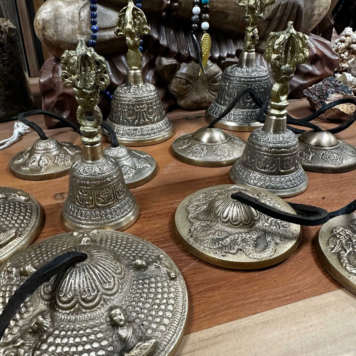 Tibetan Tingsha bell with Five Buddha design, approximately 9.5cm, from AW Gifts, a spiritual accessories item with intricate details.