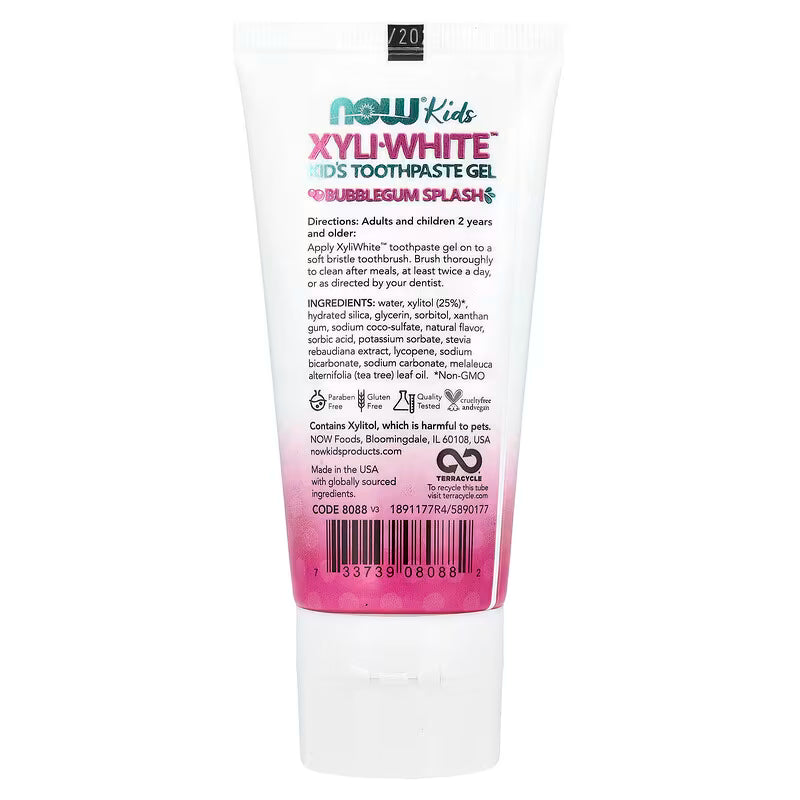 Kid's Bubblegum Splash toothpaste gel from NOW Foods, Xyli-White, in 3 oz tube, designed for children's oral hygiene.