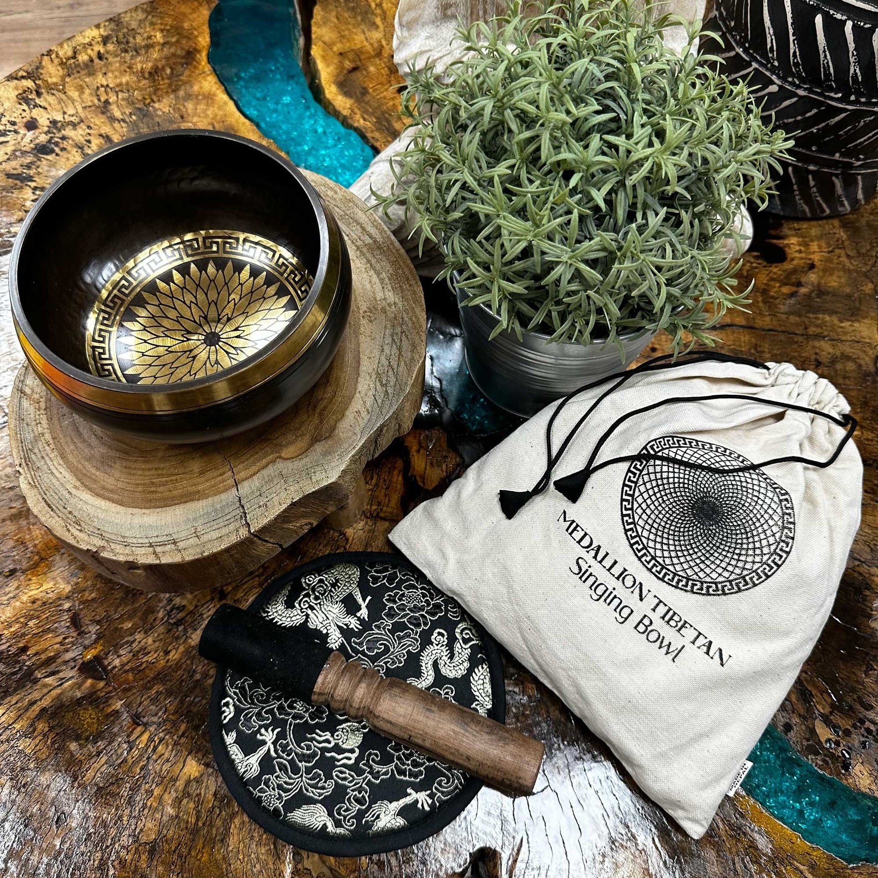 Hand-beaten and engraved AW GIFTS singing bowl gift set with round medallions, 14cm diameter, crafted as a soothing accessory.