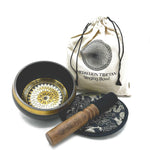 Hand-beaten and engraved AW Gifts singing bowl gift set with round medallions, 14cm diameter, includes accessory for meditation or relaxation.
