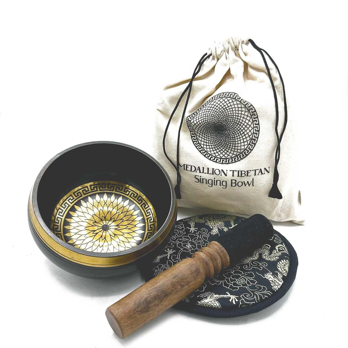 Hand-beaten and engraved AW Gifts singing bowl gift set with round medallions, 14cm diameter, includes accessory for meditation or relaxation.