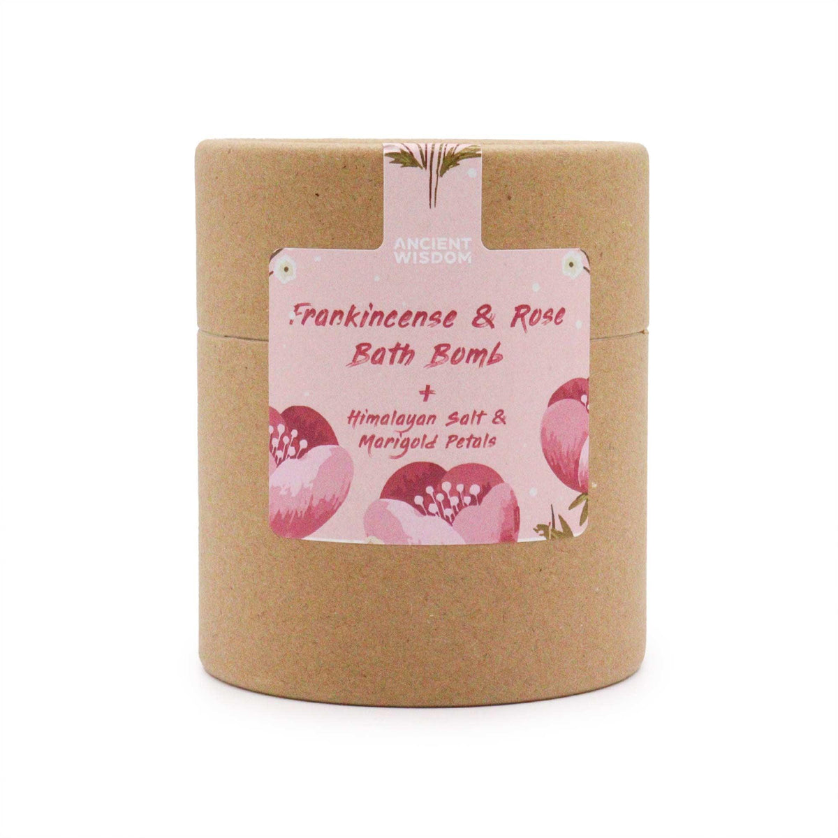 Frankincense and rose bath bomb by AW GIFTS with rose petals and herbal ingredients in a clear glass bowl.