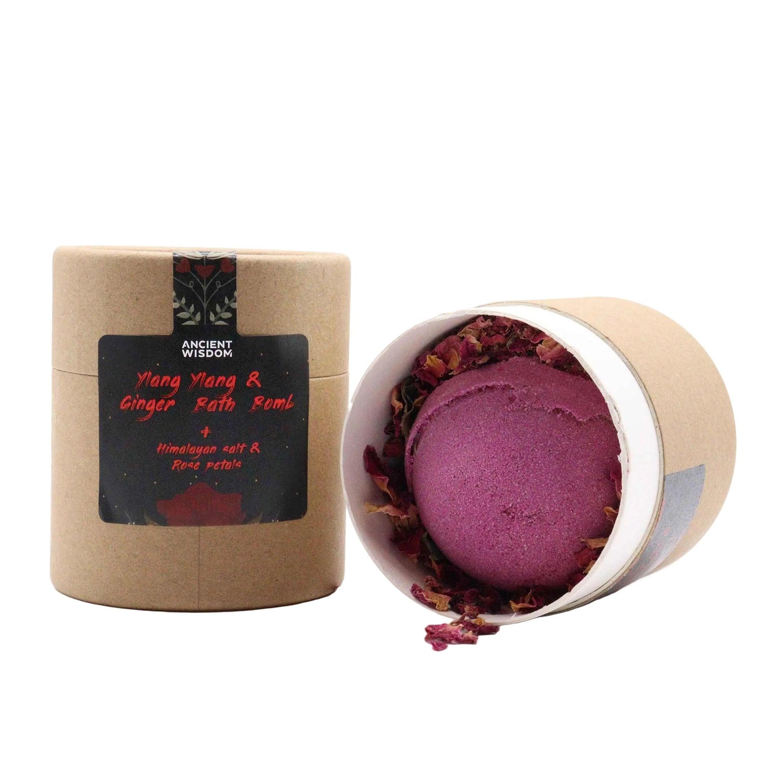 Ylang Ylang and ginger bath bomb from AW GIFTS displayed in a clear image, showcasing its round shape and natural ingredients.