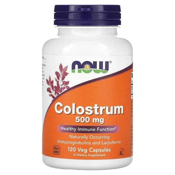Vegetarian capsule bottle of NOW Foods Colostrum 500 mg supplement by MKSTAVRINOS, with 120 capsules on a white background.