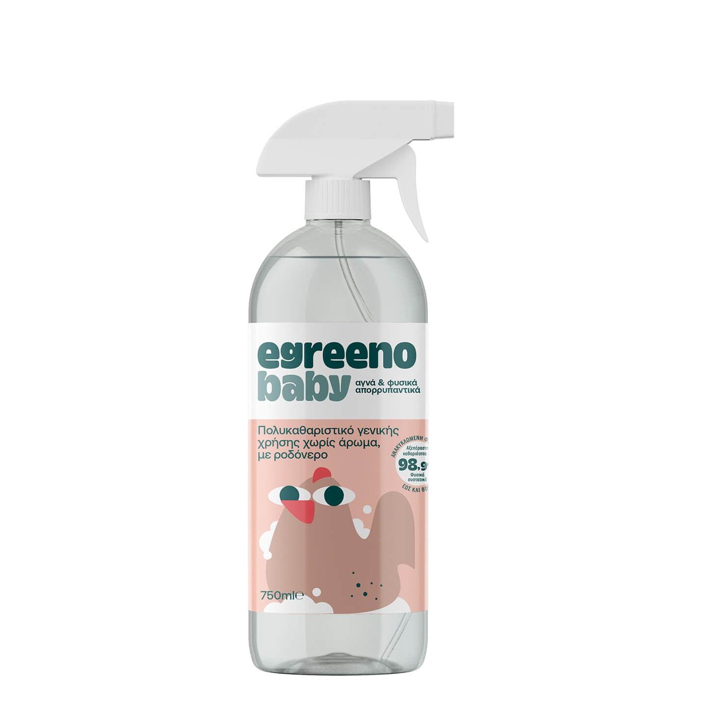 Egreeno Baby Multi-Purpose Cleaner 750 ml bottle, fragrance-free, suitable for cleaning baby surfaces and household items.
