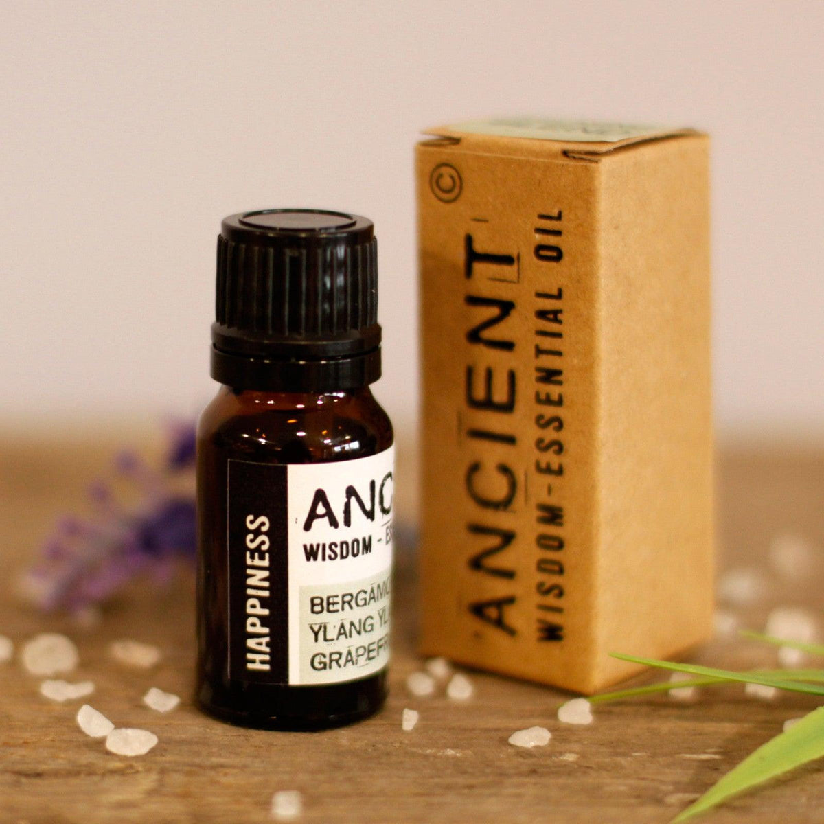 AW Gifts Happiness Essential Oil Blend in a 10ml bottle, boxed skin care product with colorful label and lid.