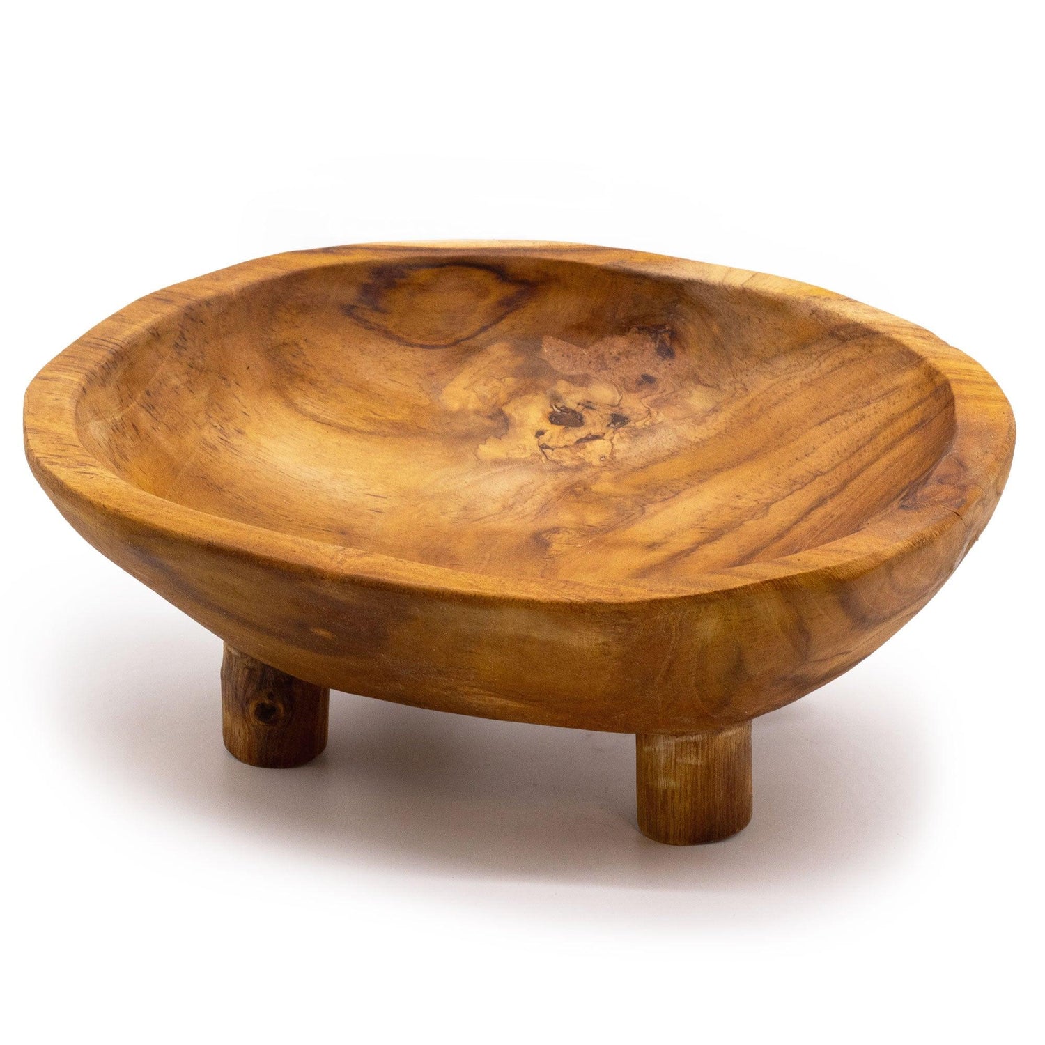 Smooth teakwood fruit bowl on legs, measuring 30x23x10 cm, designed by AW GIFTS, showcasing a stylish and natural wood finish.