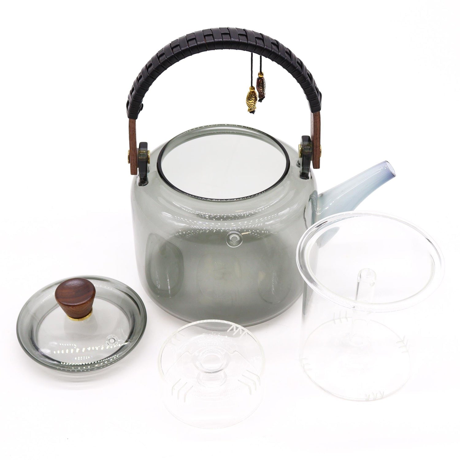 Glass infuser teapot with steamer system, 1000ml capacity, featuring a charcoal-colored lid and handle, perfect for brewing loose leaf tea.
