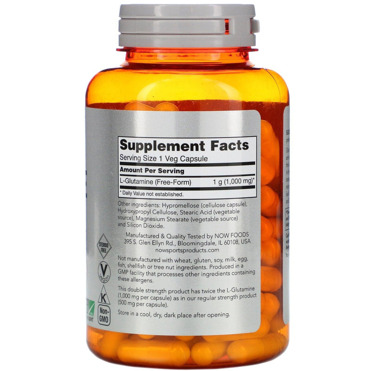 Vegetarian capsules of NOW Foods L-Glutamine supplement, 1,000 mg, in a clear bottle with label displaying product details.