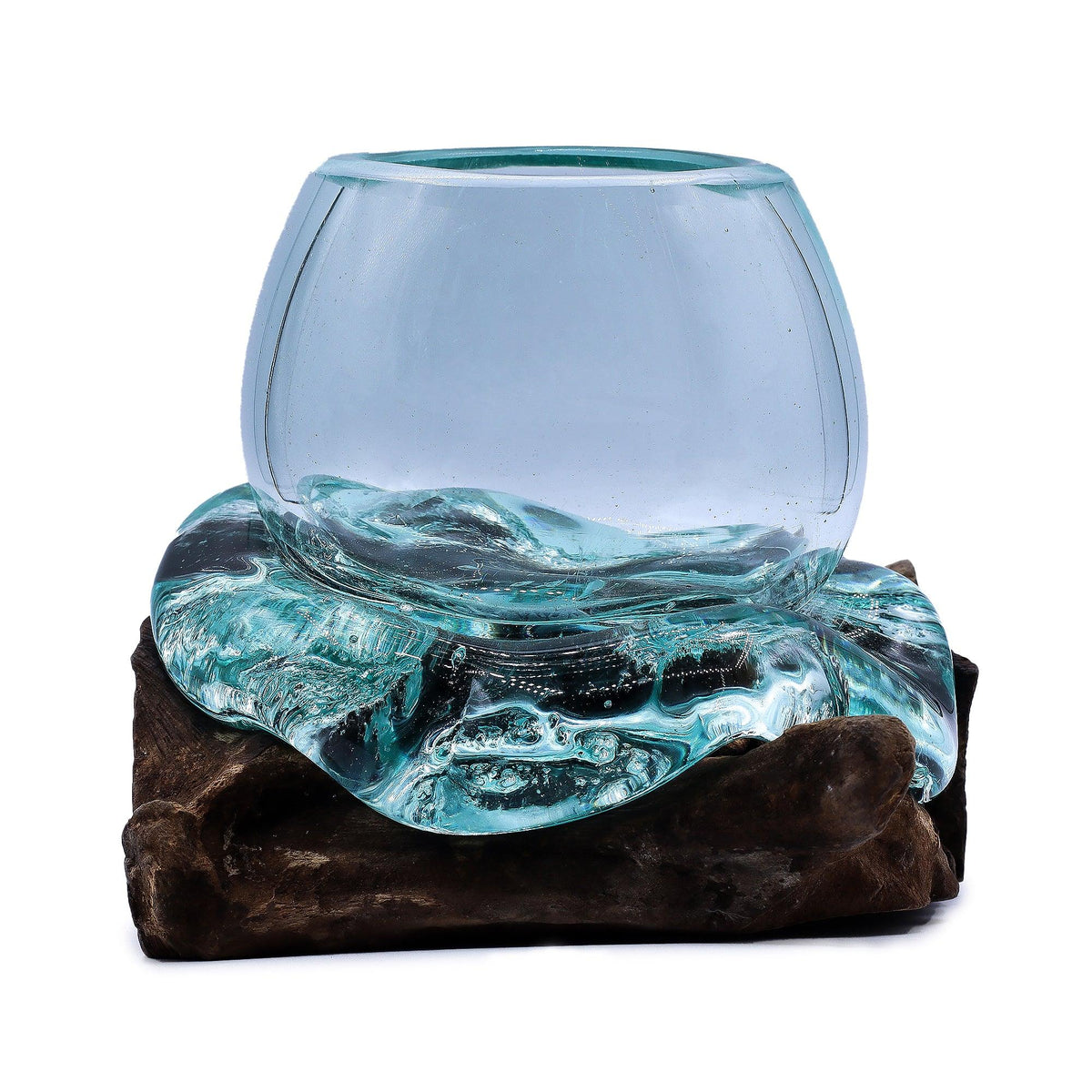 Handmade molten glass bowl from AW GIFTS resting on natural wood, ideal for home decor with vibrant, swirling glass patterns.