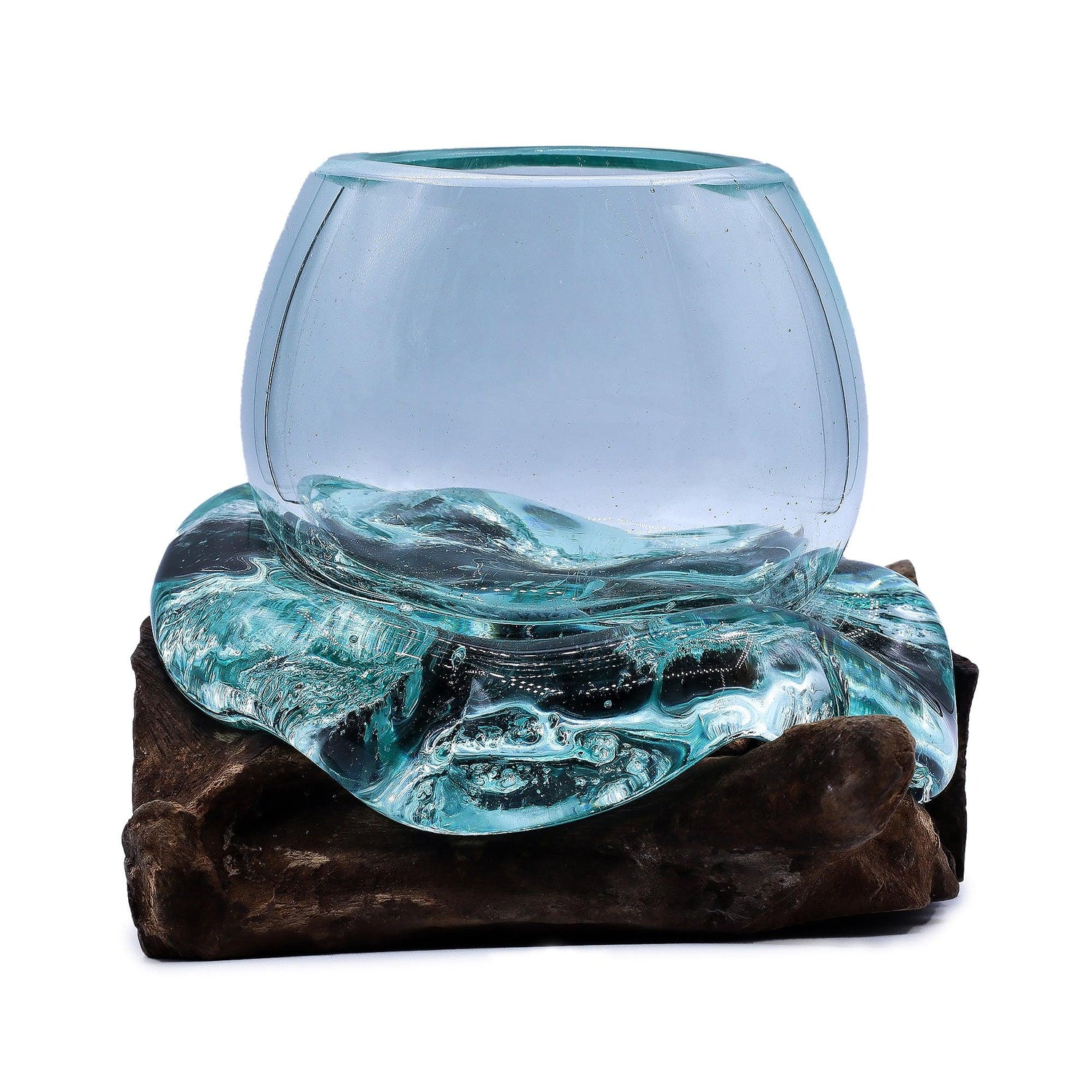 Handmade molten glass bowl from AW GIFTS resting on natural wood, ideal for home decor with vibrant, swirling glass patterns.
